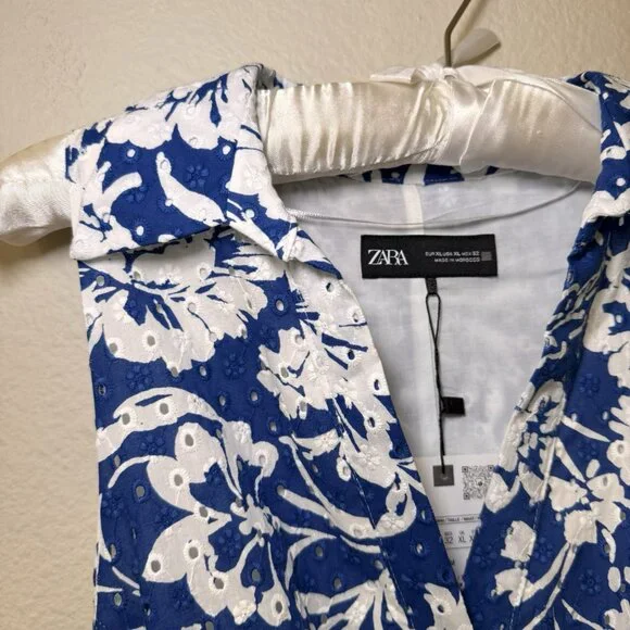 ZARA Womens Blue White Floral Embroidered Sleeveless Dress Size XL - Picture 7 of 15